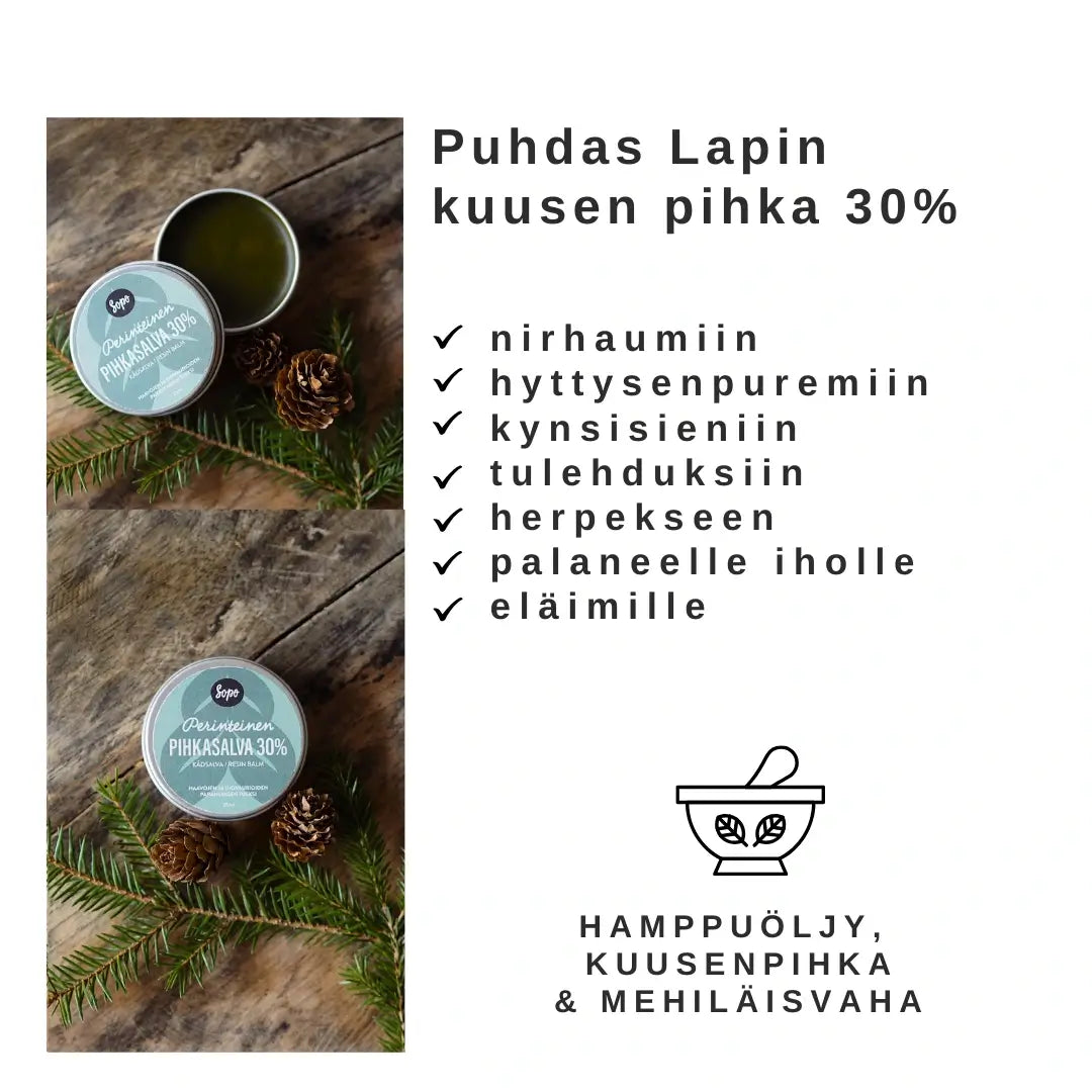 suomessa valmistettu pihkasalva Lapin pihka sopii nirhaumiin ja herpekseen