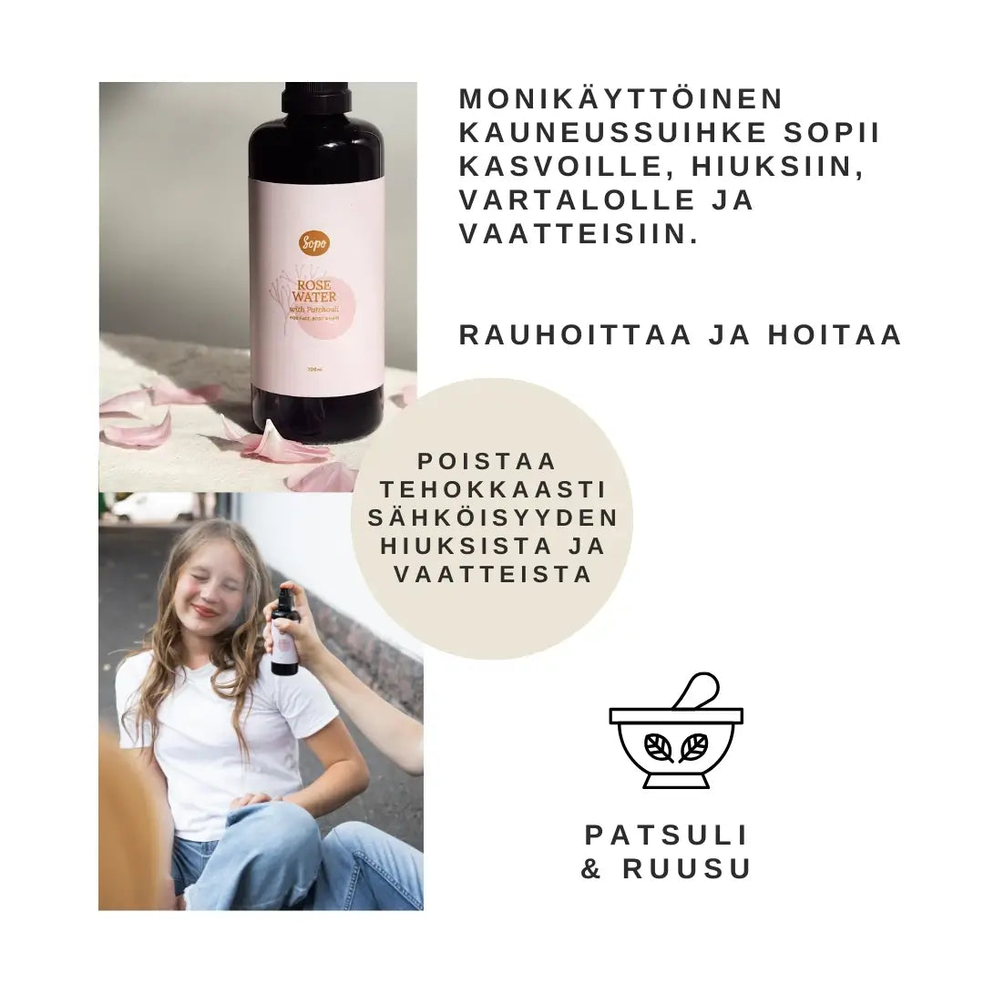 sopo luonnollinen ruusuvesi ja kauneussuihke koko keholle ja vaatteille