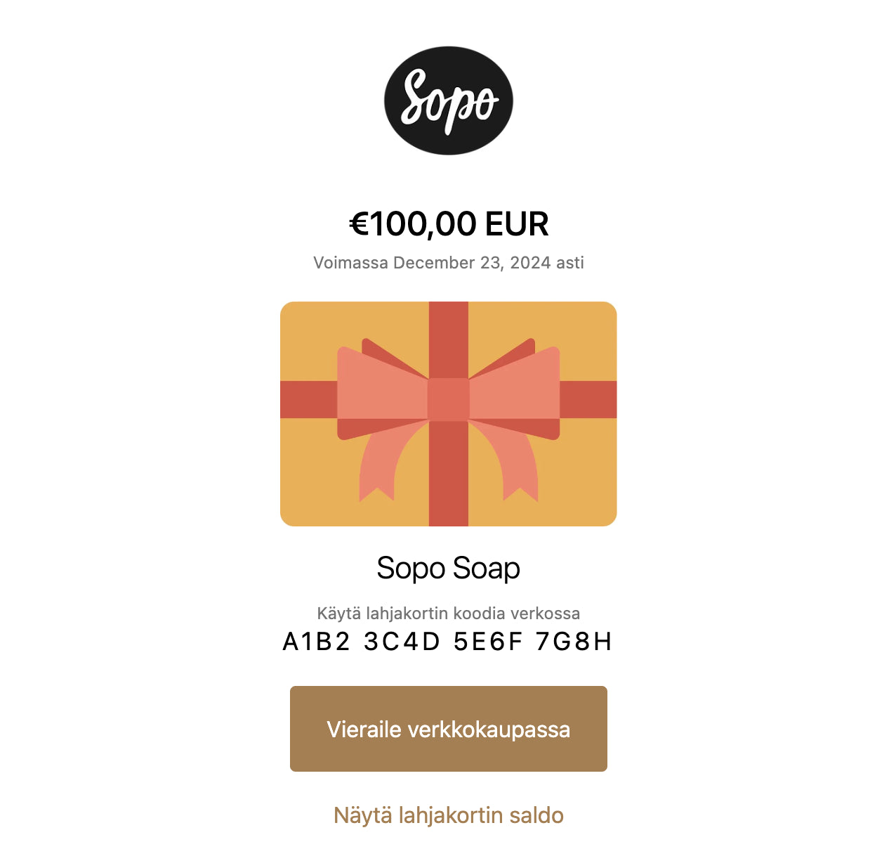 lahjakortti sopo verkkokauppaan