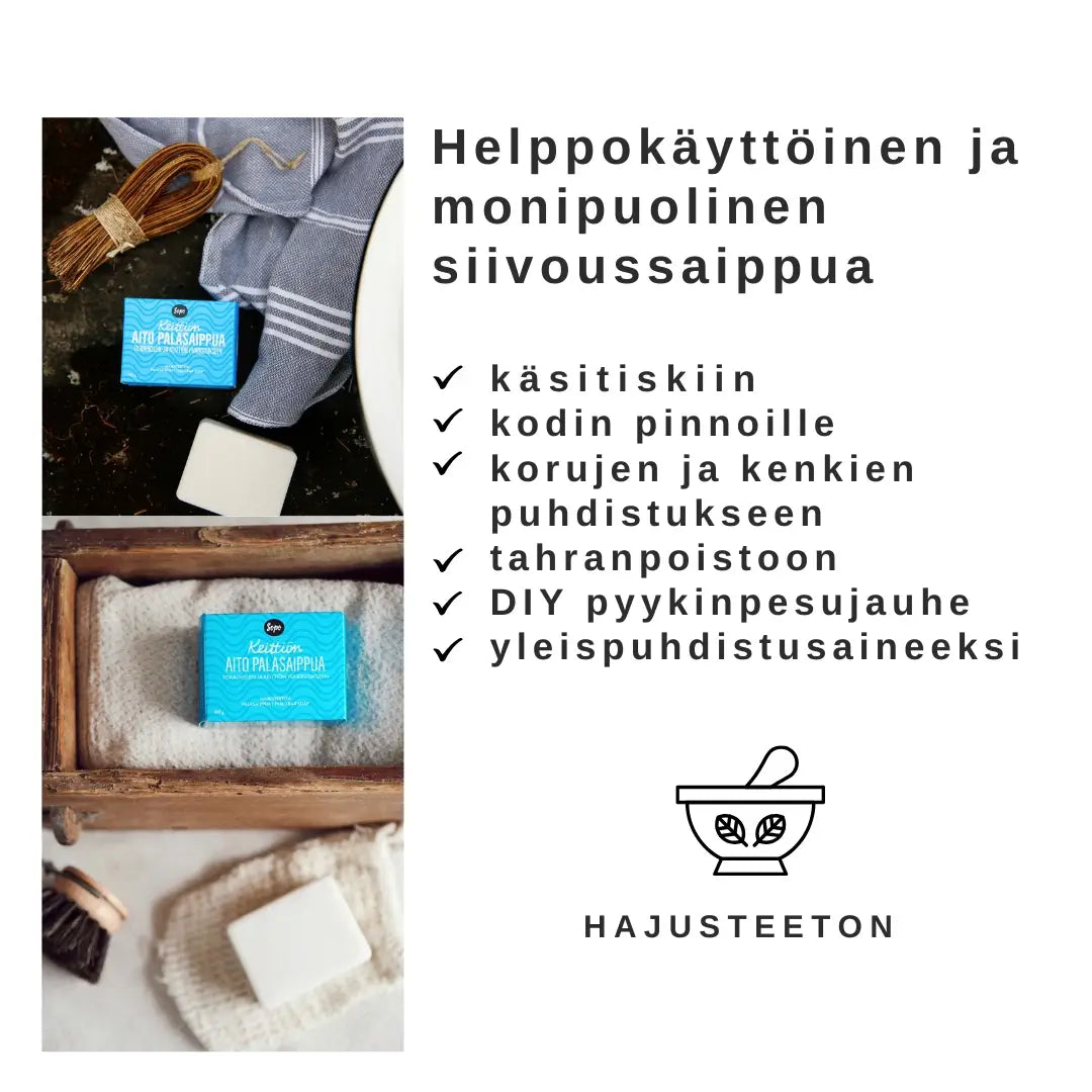 sopo hajusteeton palasaippua keittiöön ja monipuolisesti koko kodin pinnoille ja siivoukseen